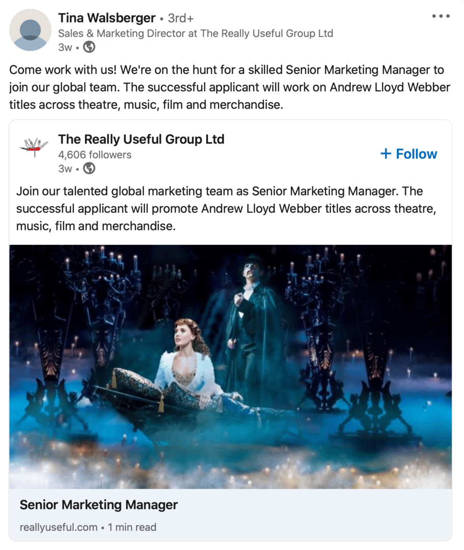 imagen de la publicación de reclutamiento de la página de la empresa de LinkedIn compartida por el empleado en el perfil personal
