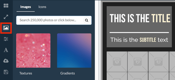 Haga clic en el icono de imagen en el menú de la izquierda para encontrar imágenes de archivo en RelayThat.