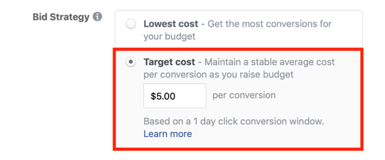 Opción de oferta de costo objetivo de Facebook.