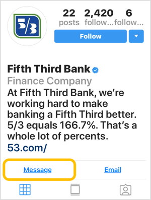 Perfil de Instagram para banco con botón de llamada a la acción de mensaje.