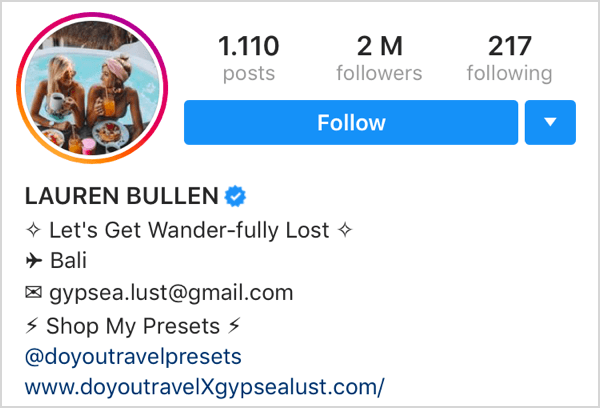 ejemplo de perfil de Instagram con emojis al lado de cada identificador en la biografía