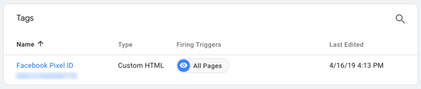 Use Google Tag Manager con Facebook, paso 7, vea la etiqueta que lleva el nombre de su Facebook Pixel