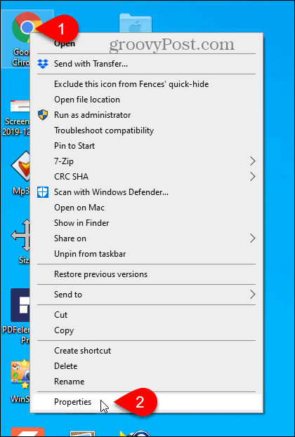 Seleccione Propiedades para el acceso directo de escritorio de Chrome