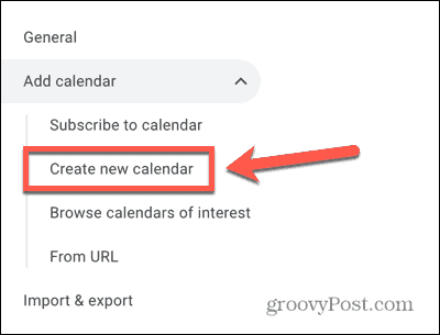 Captura de pantalla de Google Calendar para crear una nueva opción de calendario