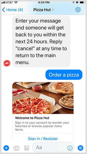 Pizza Hut automatiza el pedido de pizza a través del bot de Messenger.