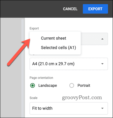 Elegir la opción de exportación para la exportación de PDF en Hojas de cálculo de Google