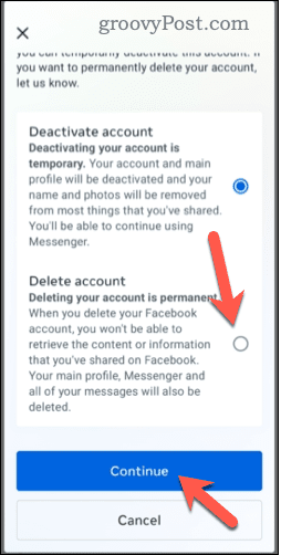 Elegir eliminar una cuenta de Facebook en el móvil