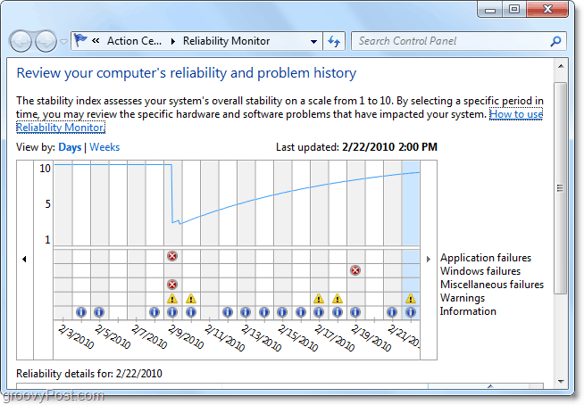 Encuentre cuándo comienza un problema en Windows 7 al mirar las fechas