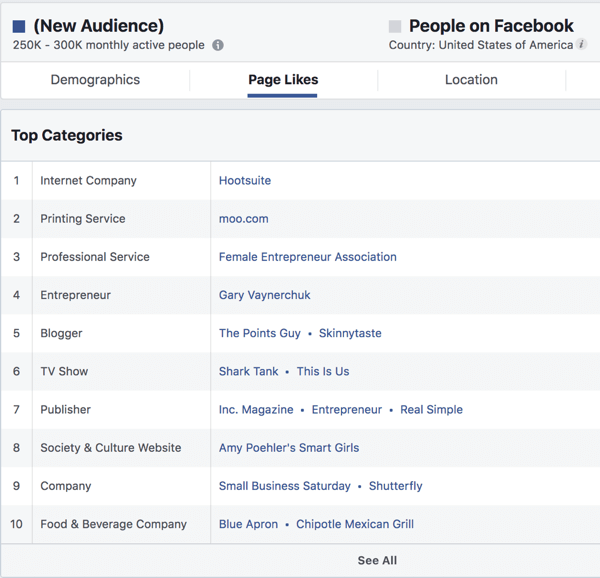 Me gusta de página para una audiencia basada en intereses en Facebook Ads Manager.