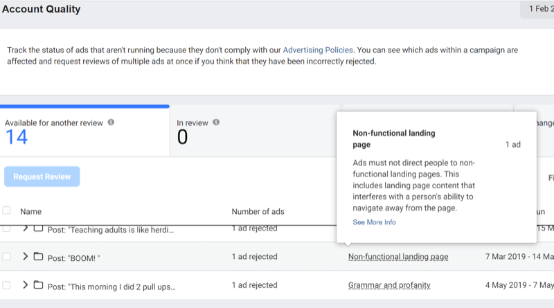 paso 3 de cómo utilizar la herramienta de calidad de la cuenta de Facebook
