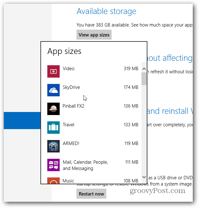 Tamaños de aplicación de Windows mostrados