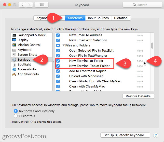 Haga clic en Ninguno para agregar un acceso directo al nuevo terminal en el servicio de carpeta en una Mac