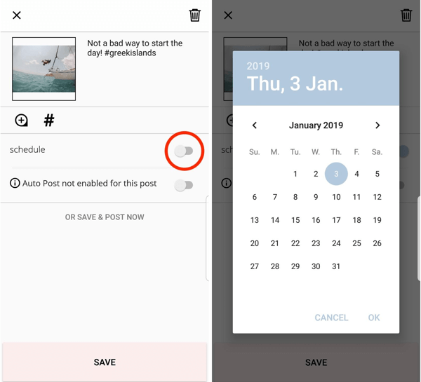 Para programar su publicación a través de Planoly, toque la opción para programar y seleccione una fecha y hora.