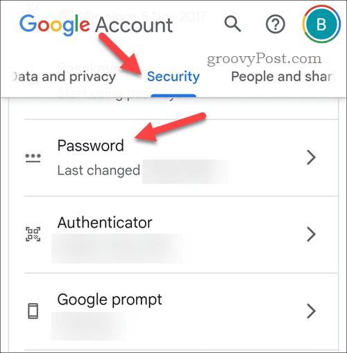 Abra la configuración de contraseña de la cuenta de Google