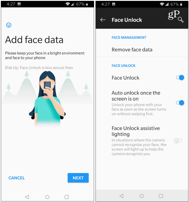 Datos de desbloqueo facial OnePlus 6T