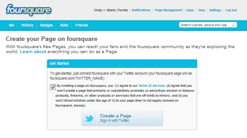 página de negocios de foursquare