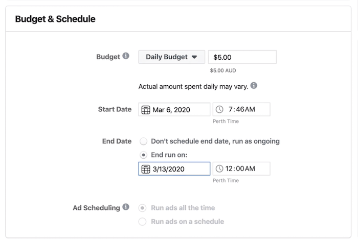 Sección de presupuesto y programación a nivel de conjunto de anuncios en Facebook Ads Manager