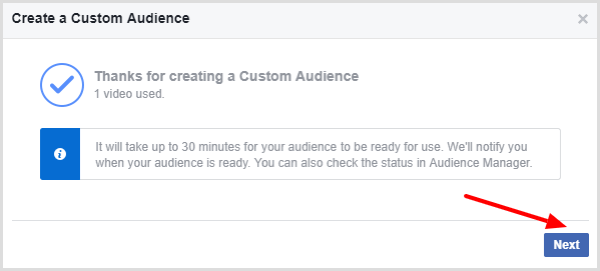 Facebook muestra un mensaje que confirma que su audiencia personalizada de video está lista.