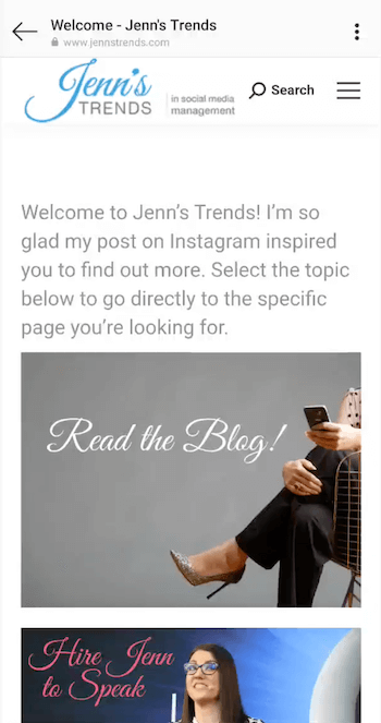 ejemplo de una página de inicio de Instagram dedicada diseñada para un enlace de perfil de Instagram para atraer tráfico de clics