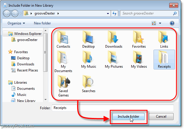 seleccione una carpeta para incluir en las bibliotecas de Windows 7