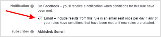 Opciones de notificación para la regla automatizada de Facebook