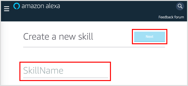 Escribe un nombre para tu habilidad de Alexa.