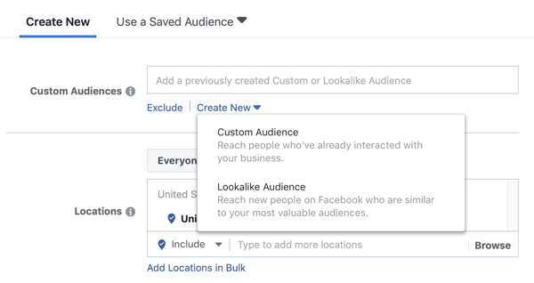 Opciones para utilizar una audiencia personalizada o una audiencia similar para una campaña publicitaria de clientes potenciales de Facebook.