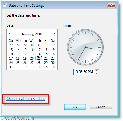 Captura de pantalla de Windows 7: cambie la configuración del calendario