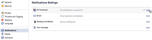 configuración general de notificaciones de Facebook en el escritorio