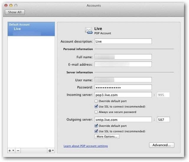 Microsoft Outlook Mac 2011: configure Windows Live Mail con POP3