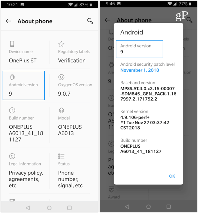 OnePlus Acerca de la versión de Android del teléfono