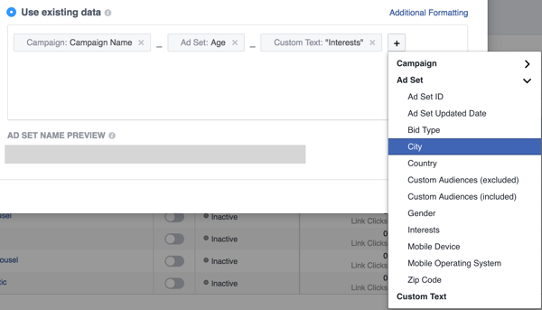 Agregue campos para configurar su convención de nomenclatura de anuncios de Facebook.