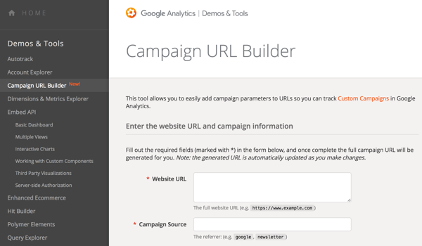 Utilice Google URL Builder para agregar parámetros a sus URL para que pueda realizar un seguimiento de sus campañas.