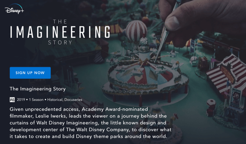 Página web de Disney + para The Imagineering Story