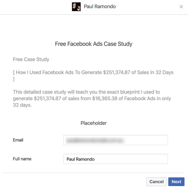 Vista previa del formulario de clientes potenciales de Facebook