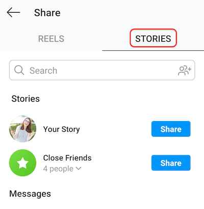 captura de pantalla de la pantalla de publicación de Instagram que muestra la pestaña de historias que permite compartir los carretes con su historia o lista de amigos cercanos