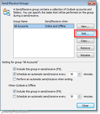 Captura de pantalla de Outlook 2010: editar cuentas