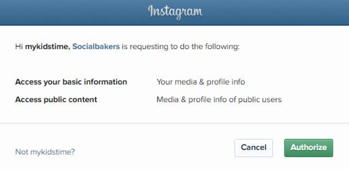 Autorice a Socialbakers a acceder a la información de su cuenta de Instagram.