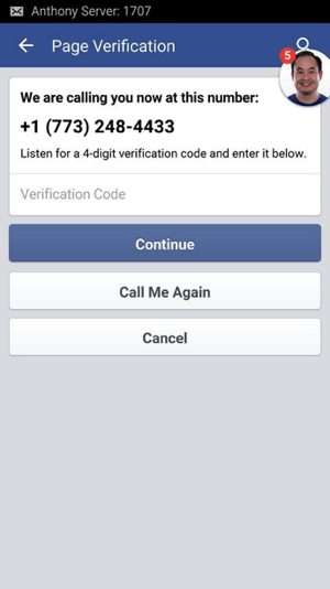 Espere la llamada de Facebook y anote el código de verificación de 4 dígitos que le dieron.