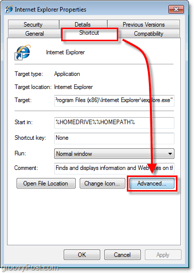 la pestaña de acceso directo en las propiedades de acceso directo para los accesos directos de Windows 7