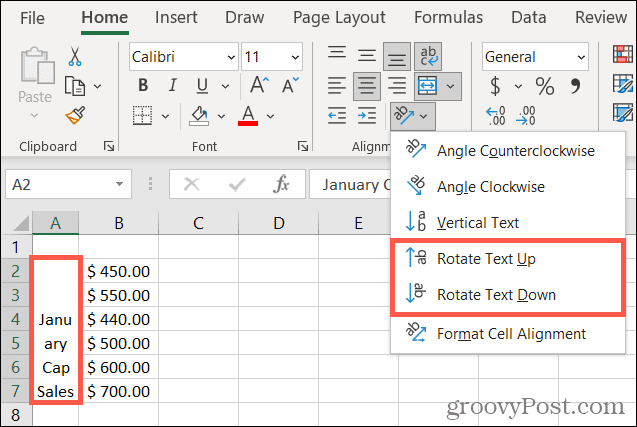 Rotar texto hacia arriba o hacia abajo en Excel