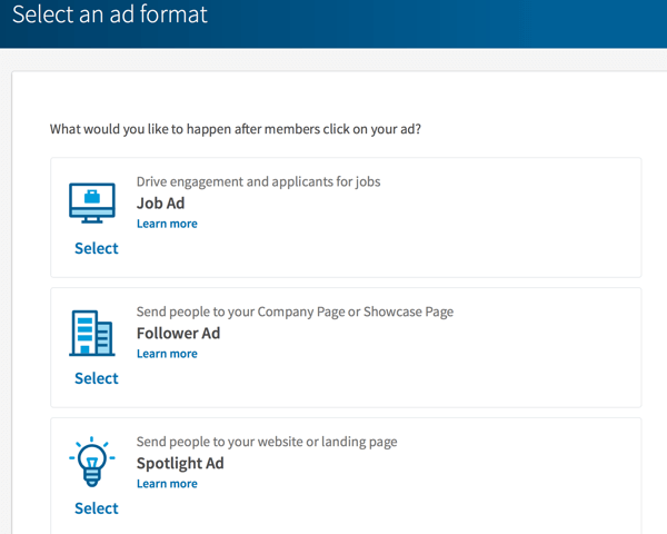 Opciones de formato de anuncios dinámicos de LinkedIn.