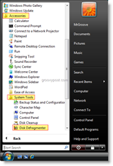Inicie el Desfragmentador de disco desde el menú de inicio de Windows Vista