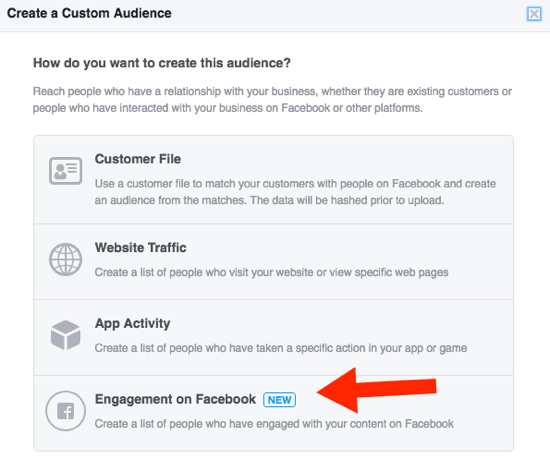 Establezca una audiencia de Facebook personalizada basada en el compromiso.