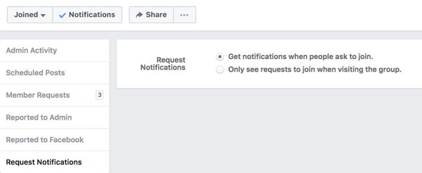 Active las notificaciones de las personas que solicitan unirse a su grupo de Facebook.