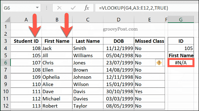 Otro ejemplo de un error de NA con VLOOKUP en Excel, debido a que un rango de datos no está ordenado correctamente