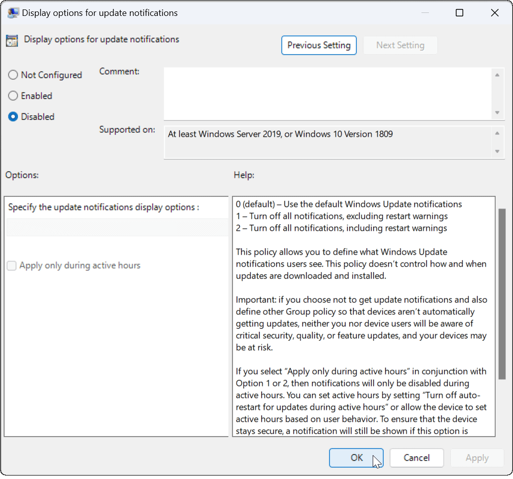 Deshabilitar notificaciones de actualización en Windows 11