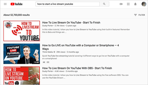 Busque en YouTube "cómo iniciar una transmisión en vivo de youtube" y los resultados de búsqueda principales muestran dos videos de Dusty Porter.