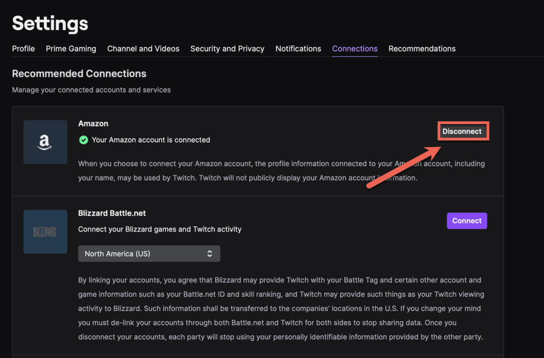 Conecte su cuenta de Amazon Prime a Twitch en la pestaña Conexiones de su configuración de Twitch