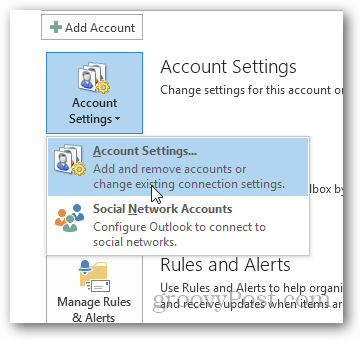 cómo crear un archivo pst para Outlook 2013 - haga clic en configuración de la cuenta